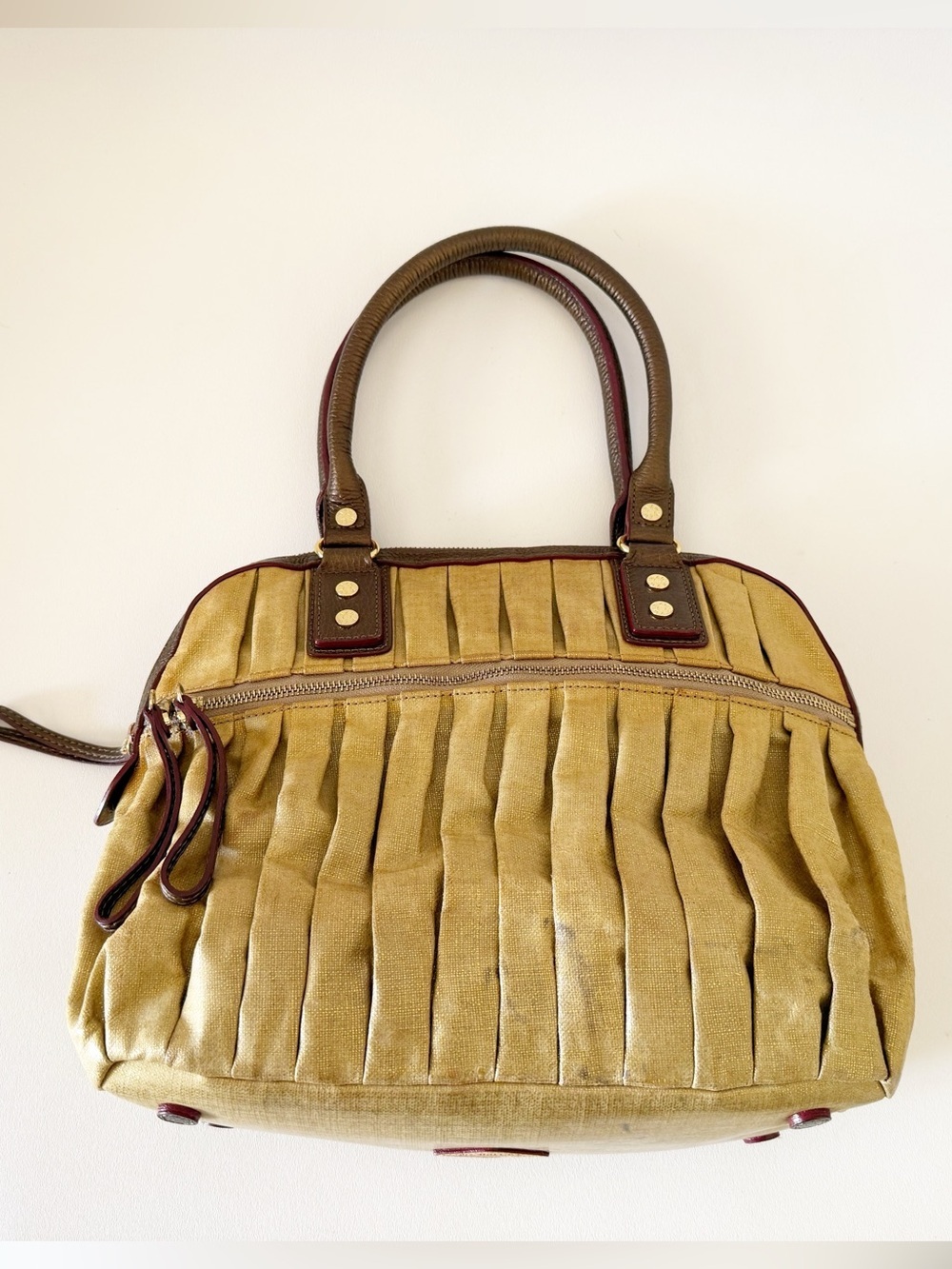 MZ Wallace Bag Bedford Bea Leather Pleated Canvas Satchel Metallic Gold